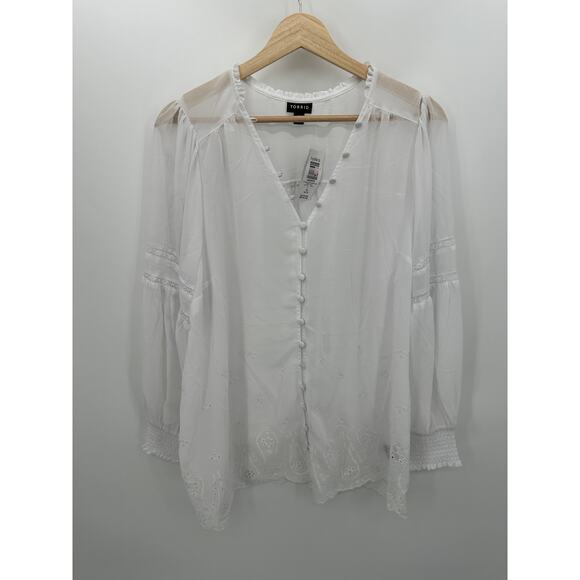 Torrid Chiffon Smocked Collar Eyelet Embroidered Blouse White NWT Sheer Boho - Picture 1 of 11